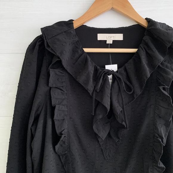 NWT LOFT - Black Swiss Dot long sleeve ruffled top, L - Picture 2 of 6